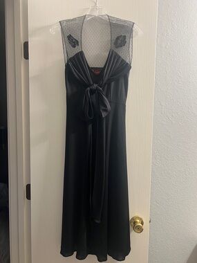 Black Midi Dress with Sheer Dotted Yoke and Front Tie